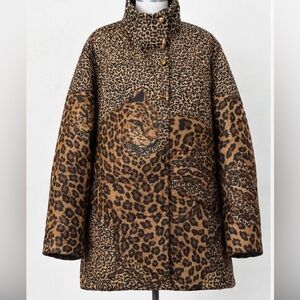 Fuda International Leopard Cat Print Silk Puffer Coat Jacket M Lightweight
